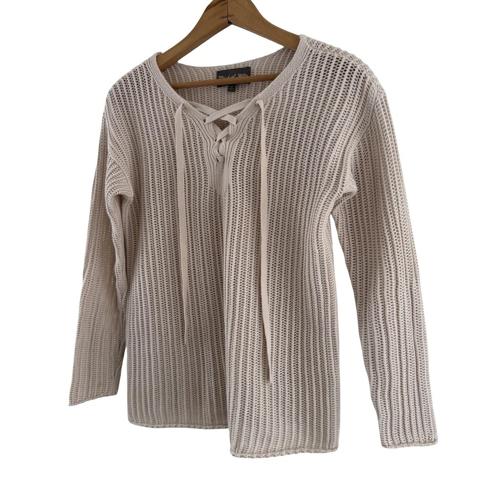 Michael Stars Sweater Womens XS Beige Lace Up Waffle Knit Boho Festival Coastal